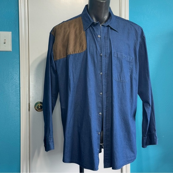 Orvis Classic Blue Cotton Button down long sleeve Shirt with suede patch XXL - Picture 1 of 11
